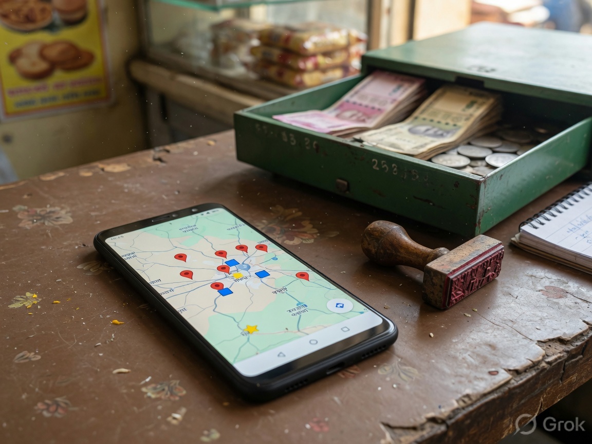 Smartphone on an Asansol shop counter showing a map listing