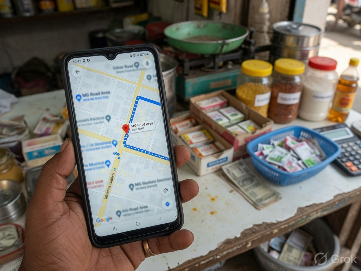 Checking a local business listing on Google Maps on a phone in an Asansol shop