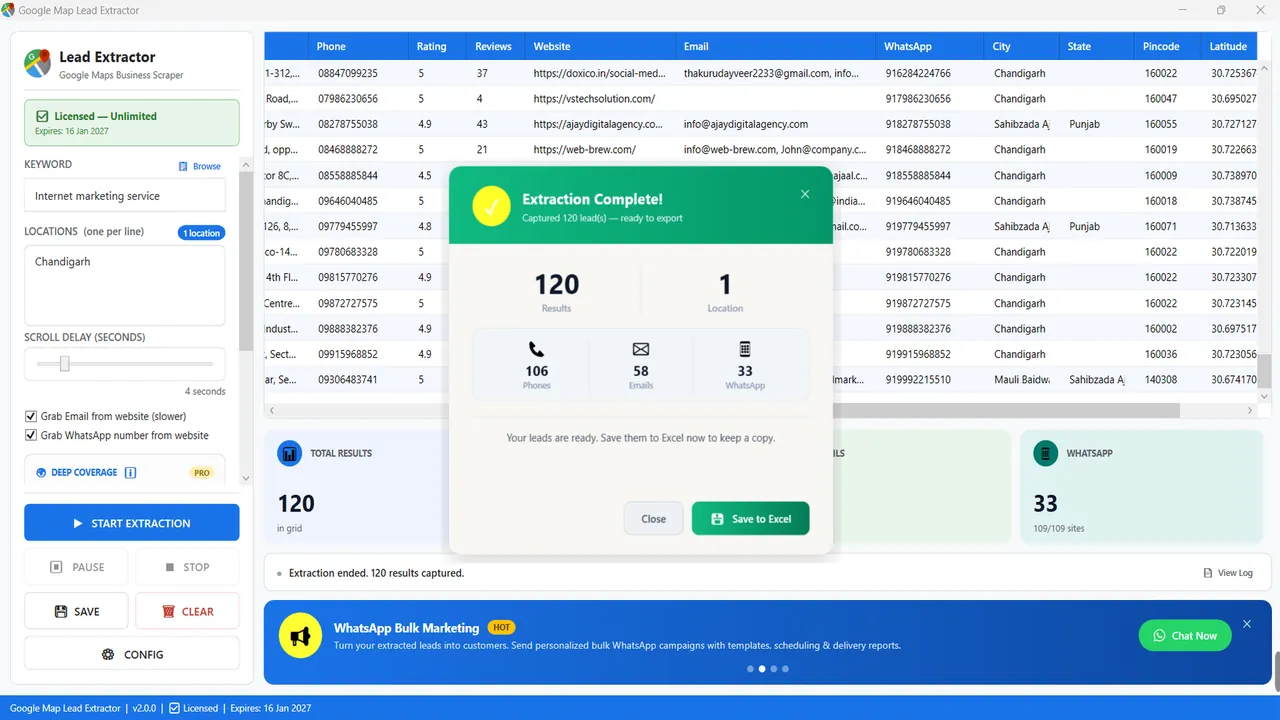 Extraction complete dialog: 120 leads, 106 phones, 58 emails and 33 WhatsApp numbers with a Save to Excel button