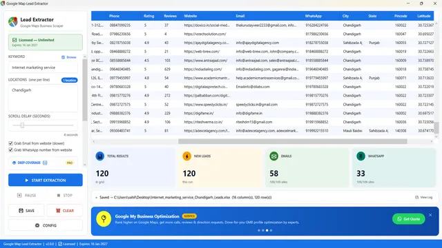 Google Map Lead Extractor results grid with extracted business leads