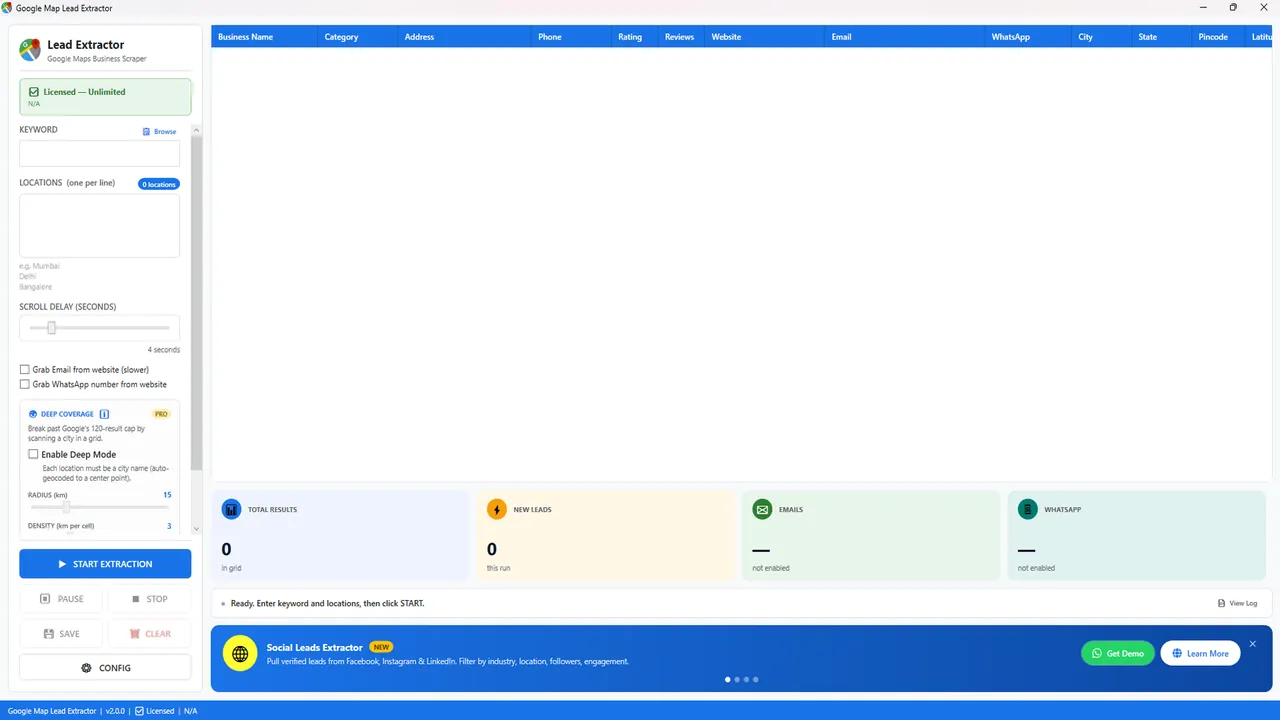 Google Map Lead Extractor start screen with keyword, locations, scroll delay, email and WhatsApp options and Deep Coverage settings