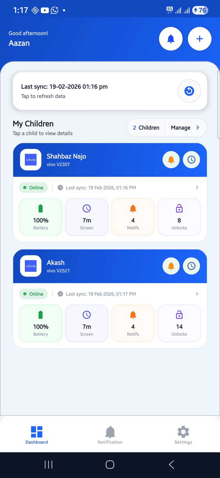TrueNotification parent dashboard showing two paired child devices with battery, screen time and notification counts