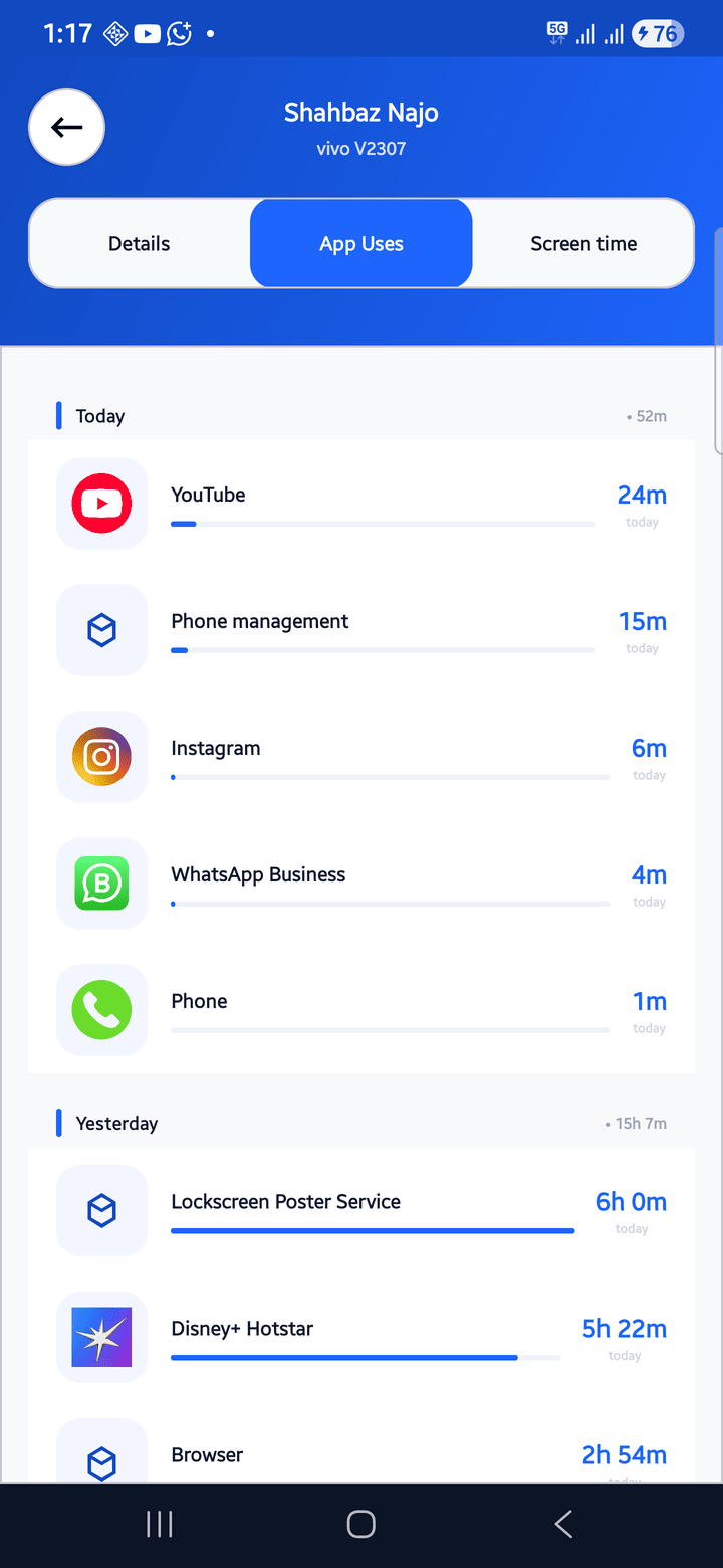 TrueNotification screen-time view on the parent Android app